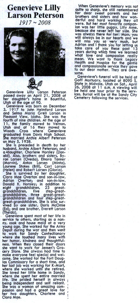 Genevieve Lilly Larson Peterson obit