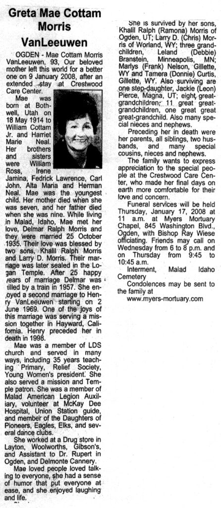 Greta Mae Cottam Morris VanLeeuwen obit