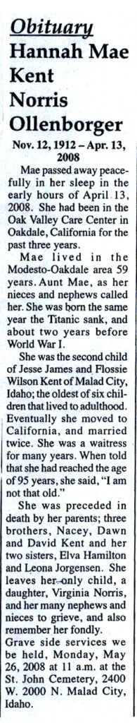 Hannah Mae Kent Norris Ollenborger obit