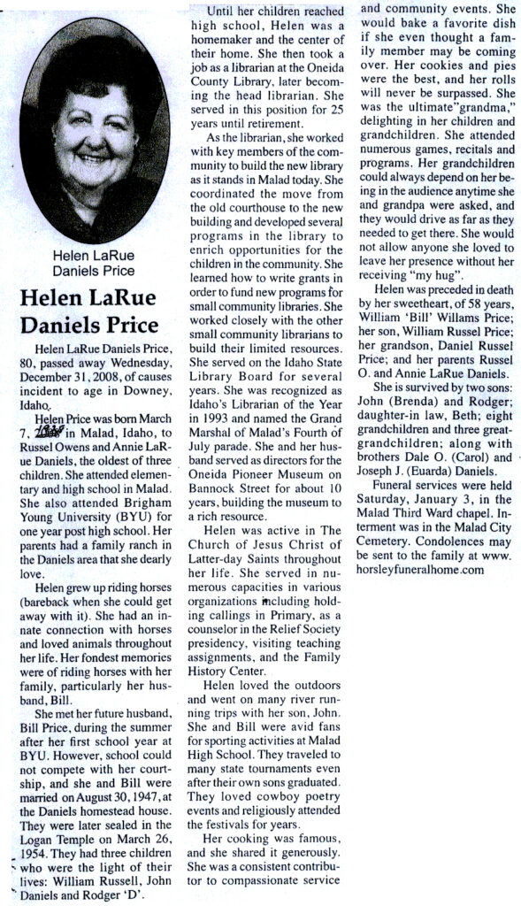 Helen LaRue Daniels Price obit