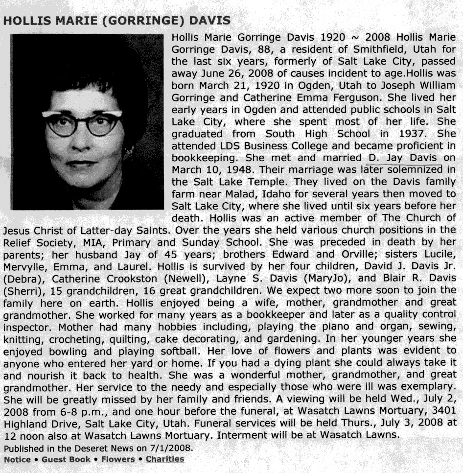 Hollis Marie Gorringe Davis obit