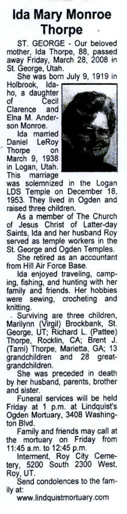 Ida Mary Monroe Thorpe obit