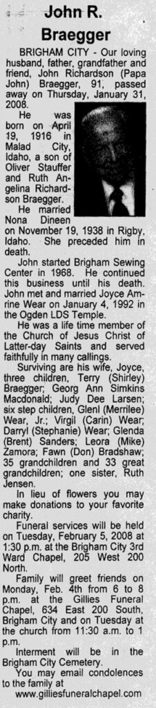 John Richardson (Papa John) Braegger obit