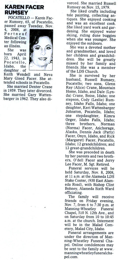 Karen Facer Rumsey obit