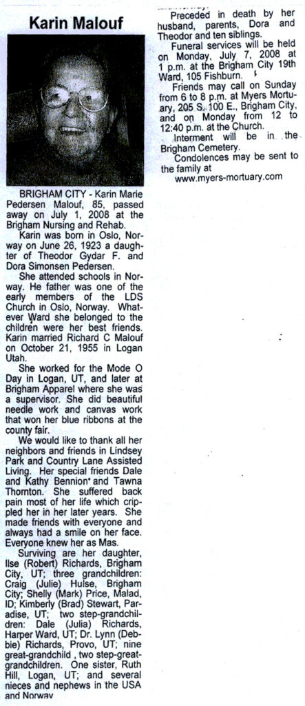 Karin Marie Pedersen Malouf obit