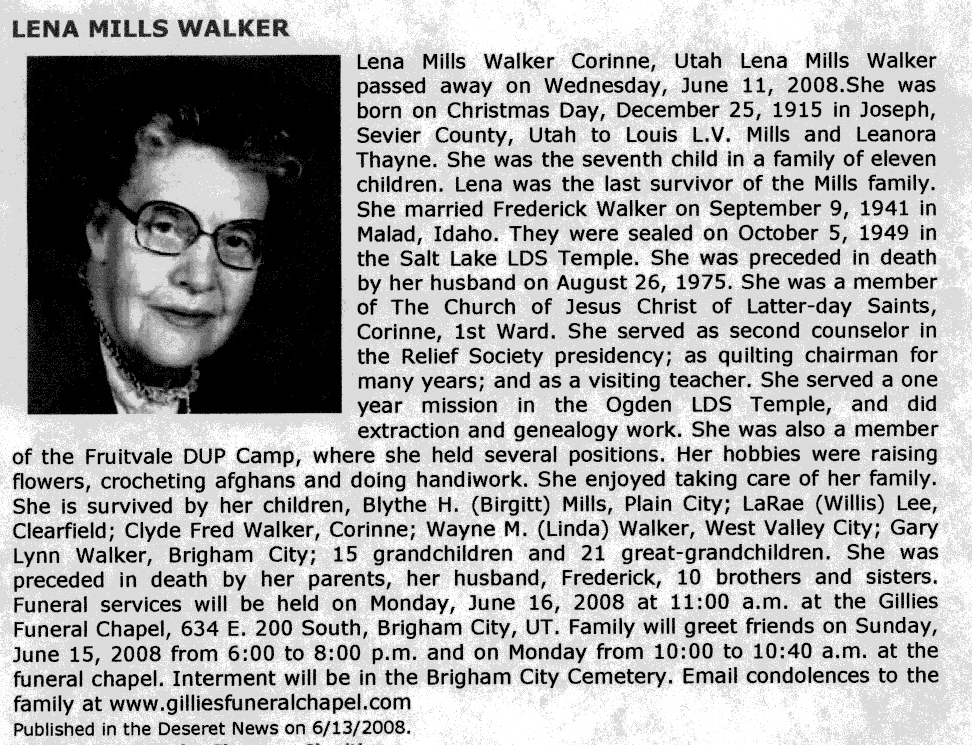 Lena Mills Walker obit