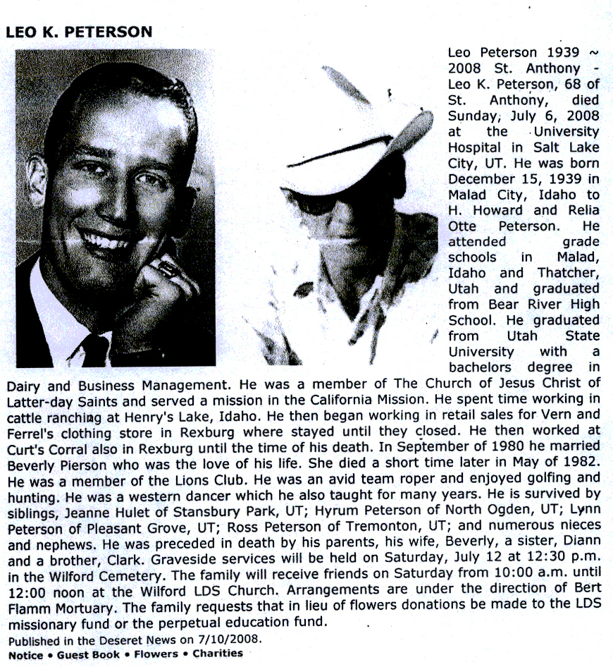 Leo K Peterson obit