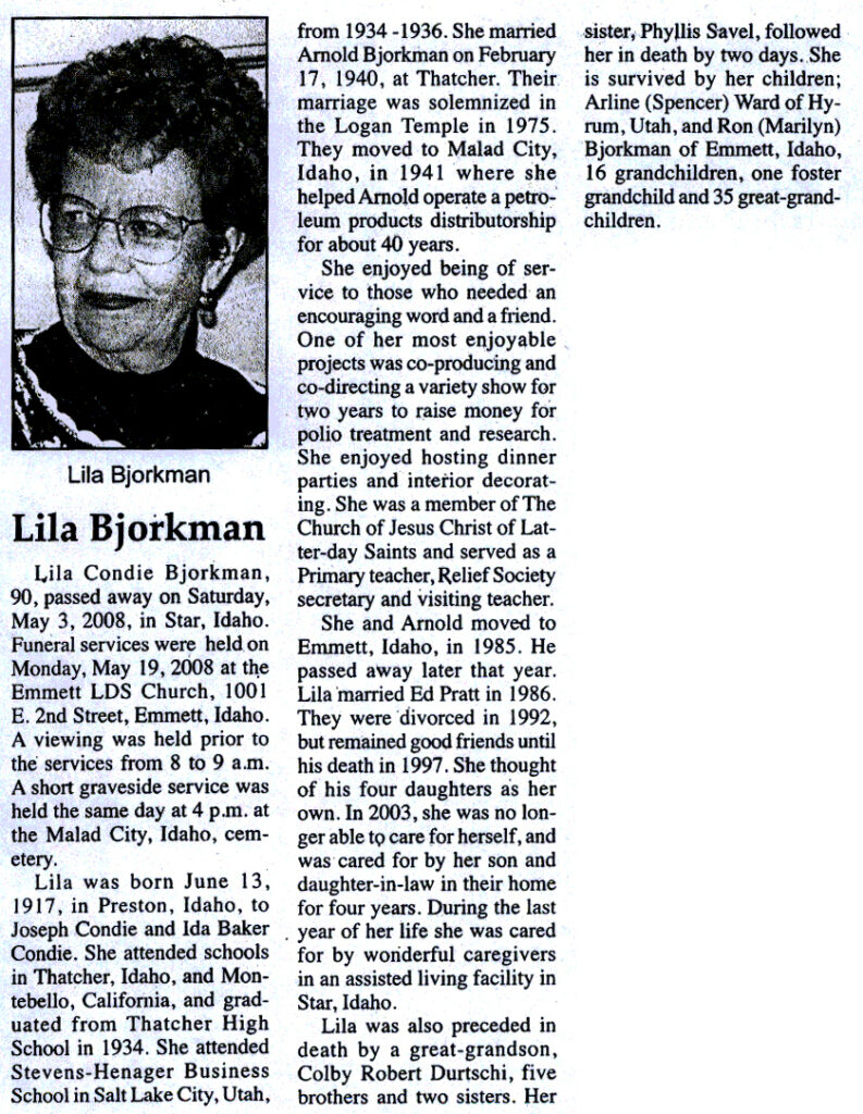 Lila Condie Bjorkman obit