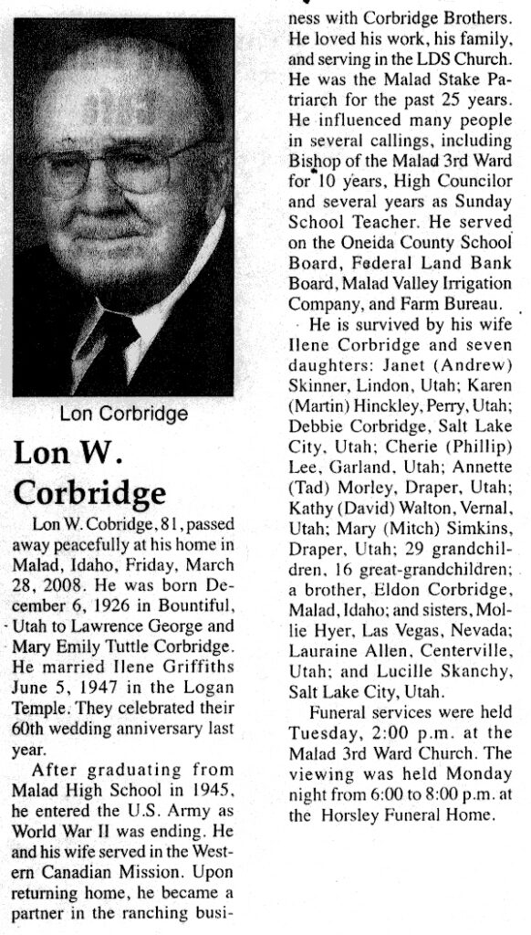 Lon W Corbridge obit