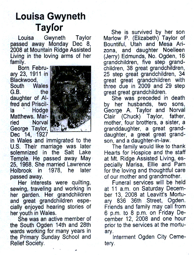 Louisa Gwyneth Taylor obit