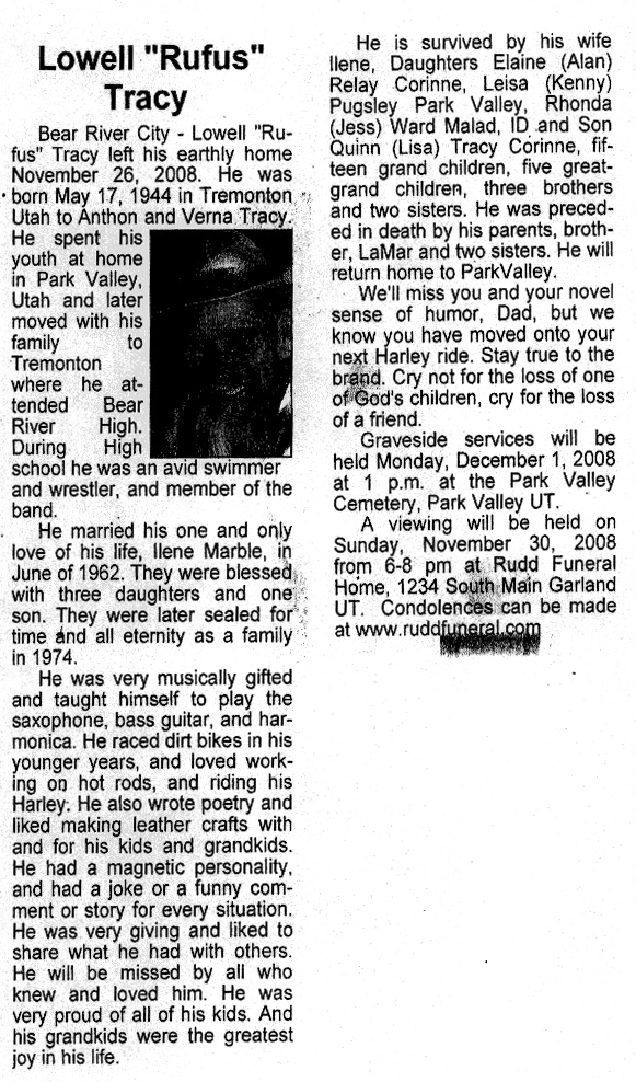 Lowell (Rufus) Tracy obit