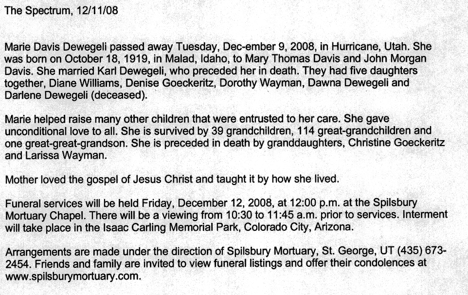 Marie Davis Dewegeli obit