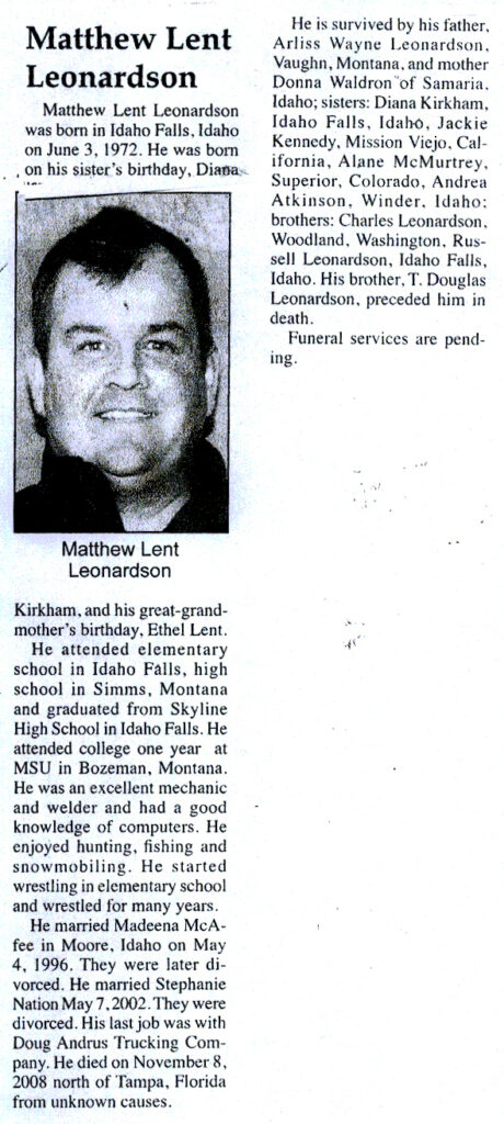 Matthew Lent Leonardson obit