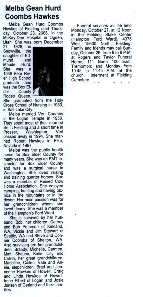 Melba Gean Hurd Coombs Hawkes obit
