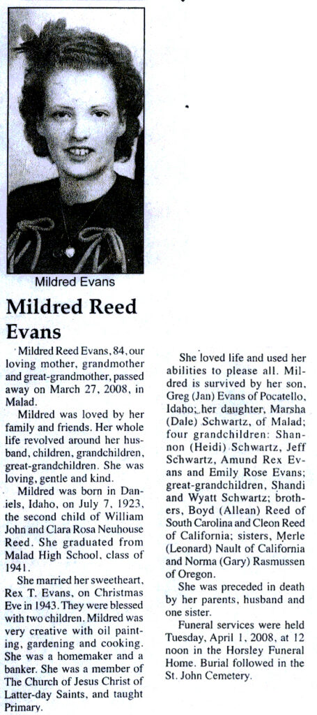 Mildred Reed Evans obit