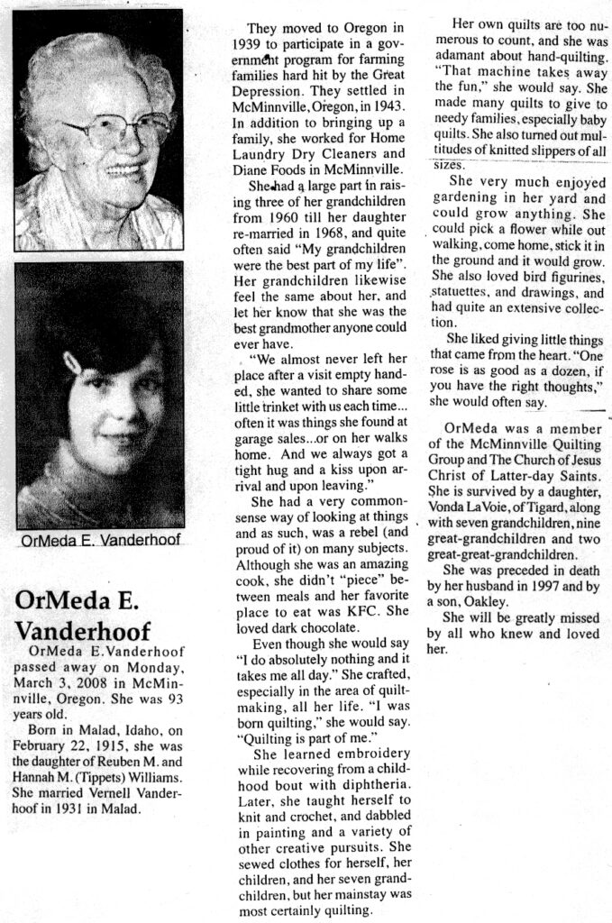 OrMeda E Vanderhoof obit
