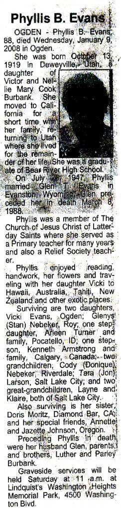 Phyllis B Evans obit