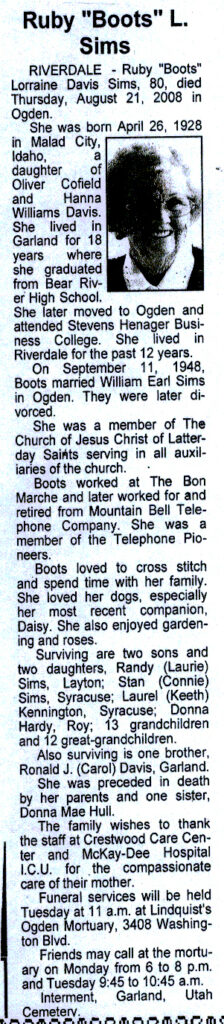 Ruby (Boots) Lorraine Davis Sims obit