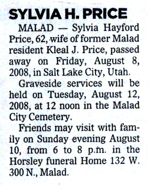 Sylvia Hayford Price funeral notice
