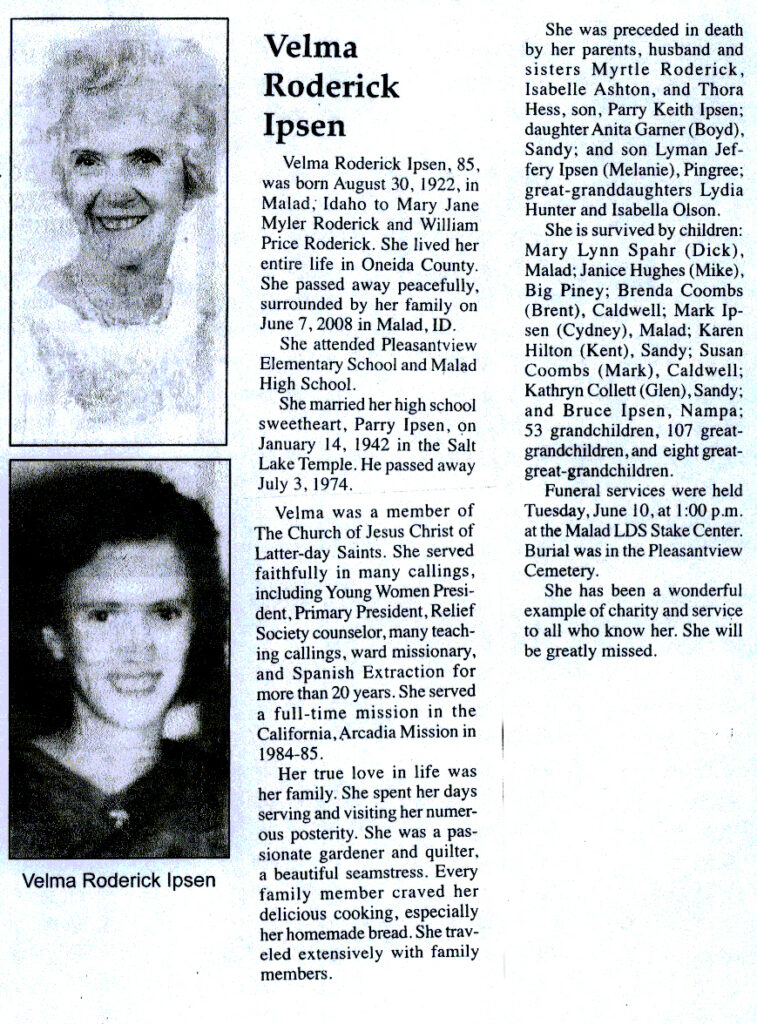 Velma Roderick Ipsen obit