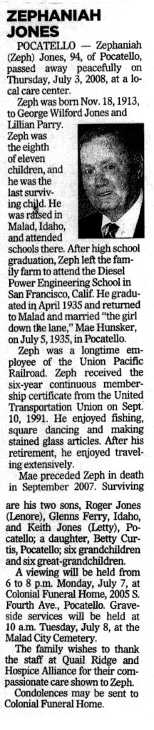 Zephaniah (Zeph) Jones obit