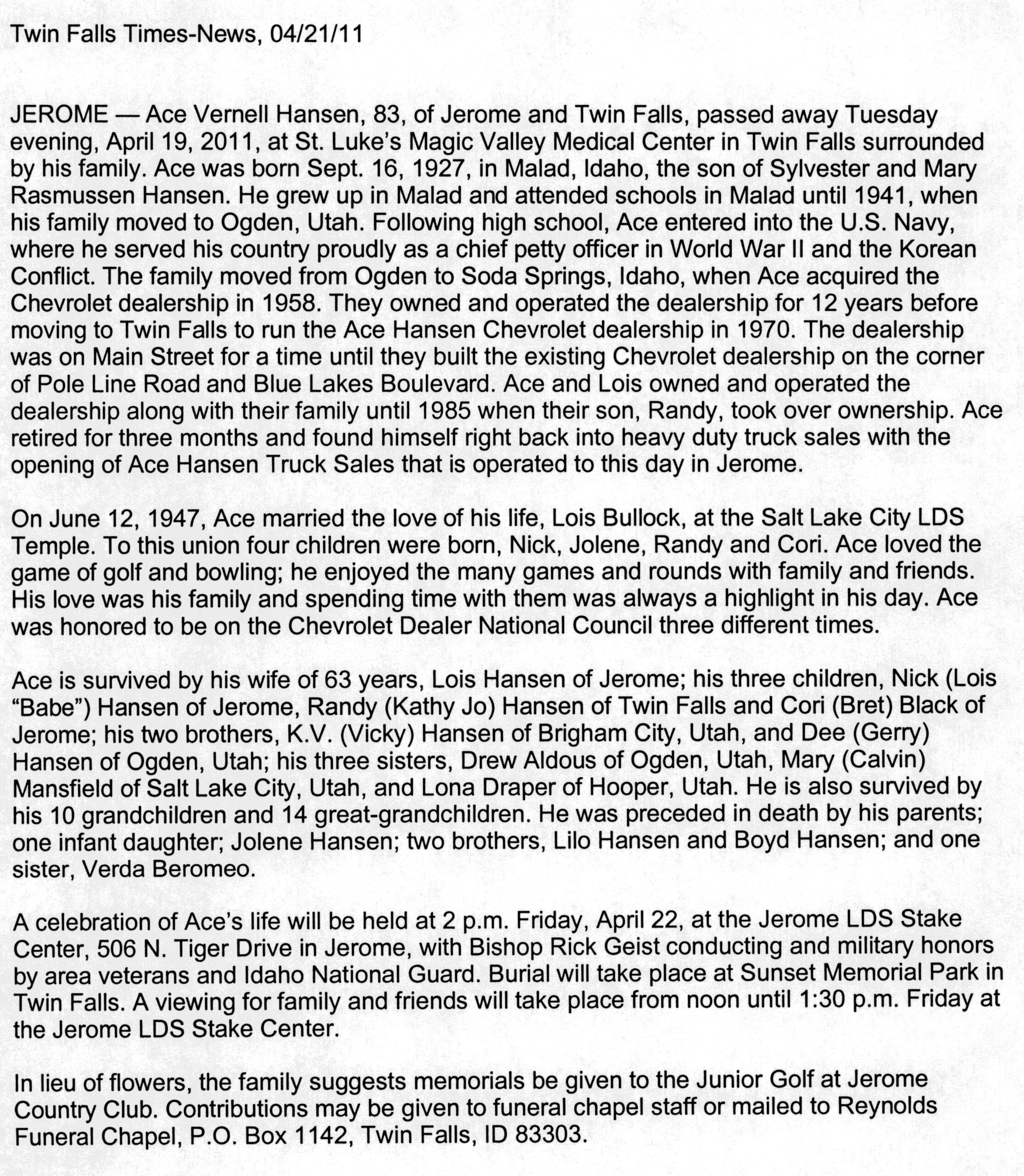 Ace Vernell Hansen obit