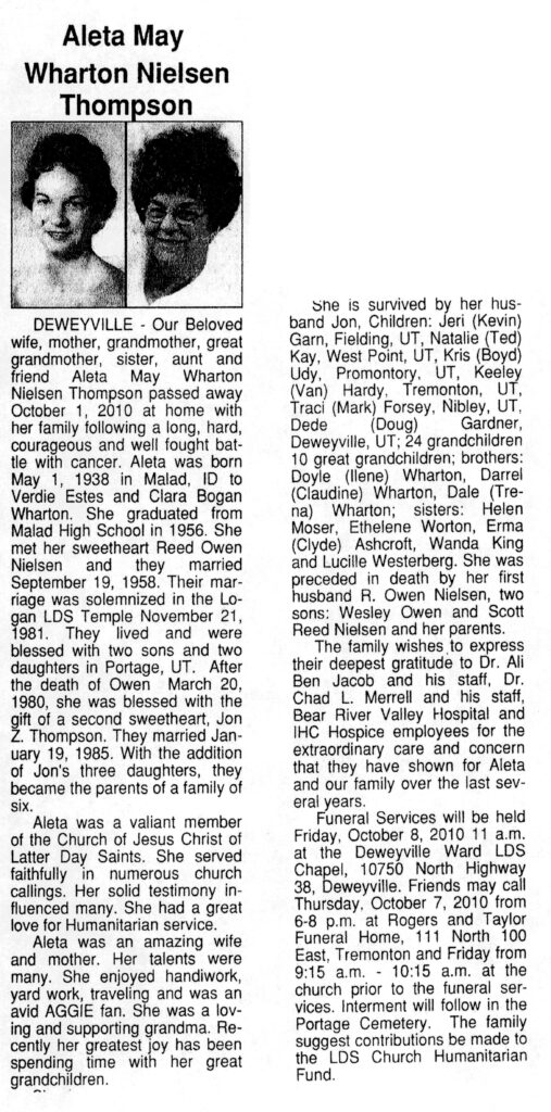 Aleta May Wharton Nielsen Thompson obit