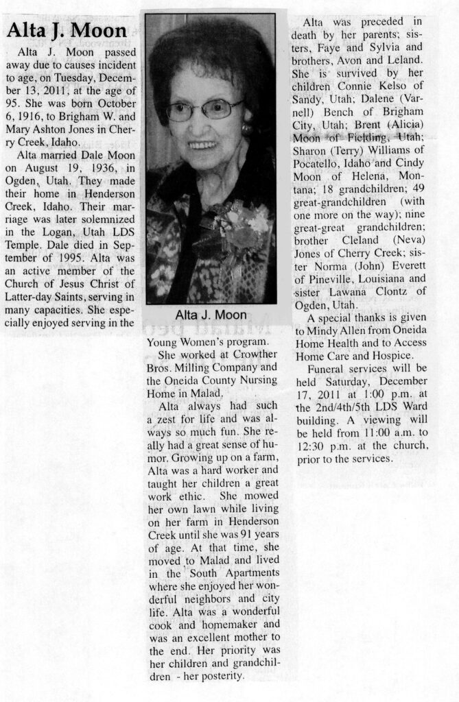 Alta J Moon obit