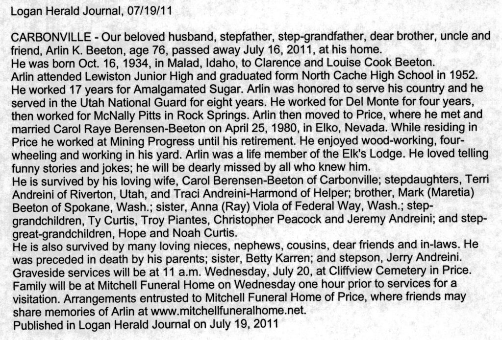 Arlin K Beeton obit
