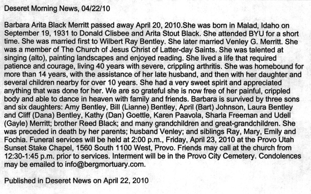Barbara Arita Black Merritt obit