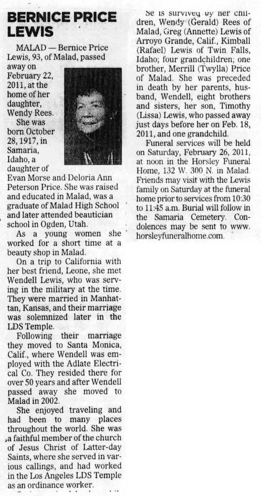 Bernice Price Lewis obit