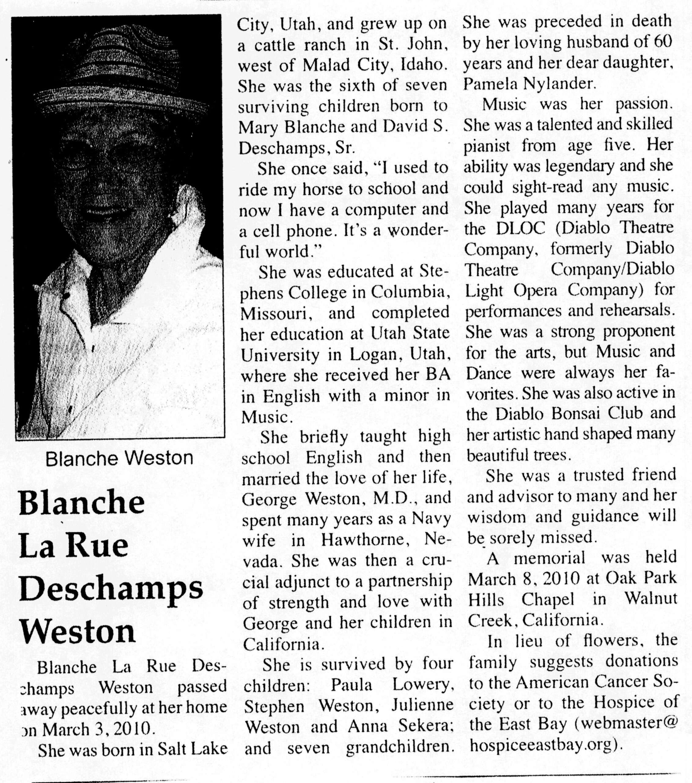 Blanche La Rue Deschamps Weston obit