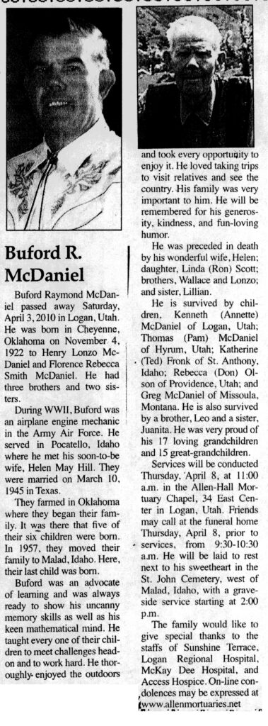 Buford Raymond McDaniel obit