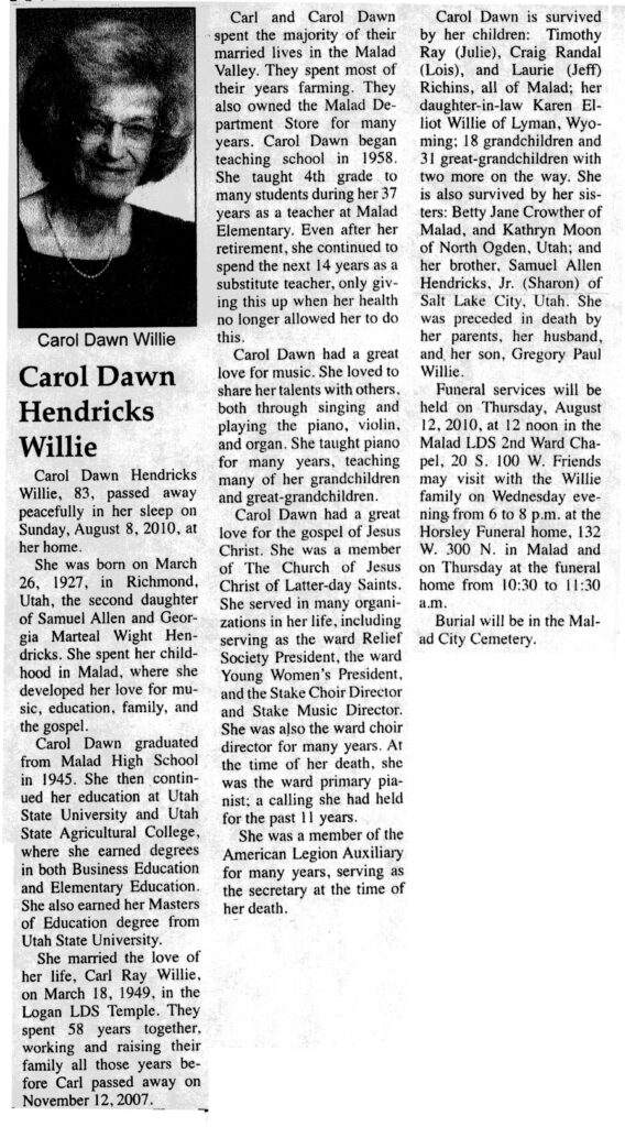 Carol Dawn Hendricks Willie obit