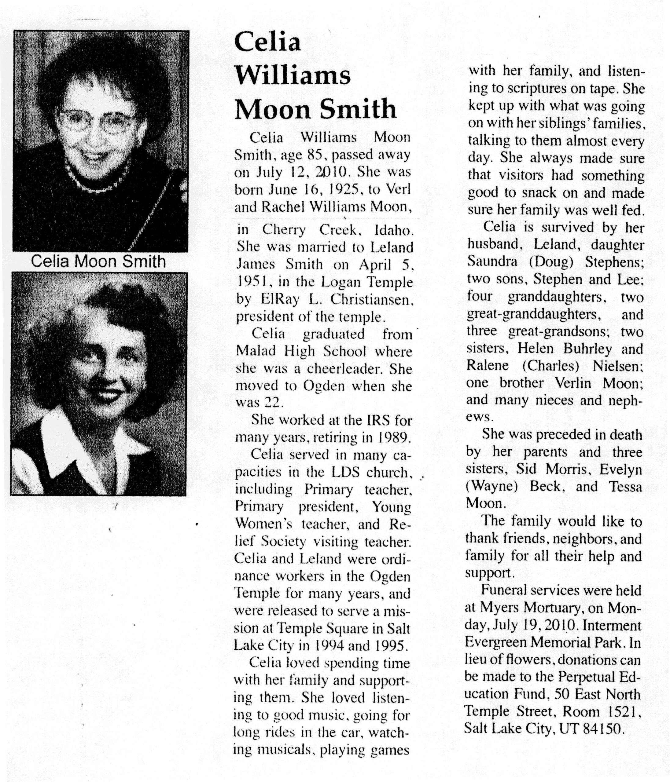 Celia Williams Moon Smith obit