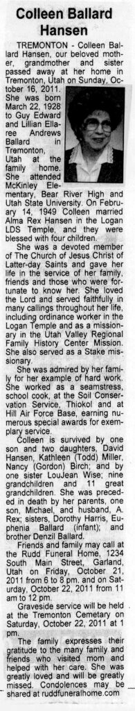 Colleen Ballard Hansen obit