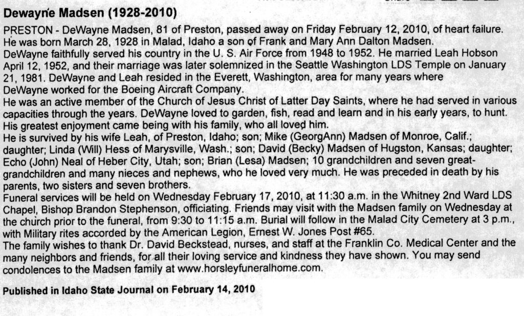 DeWayne Madsen obit