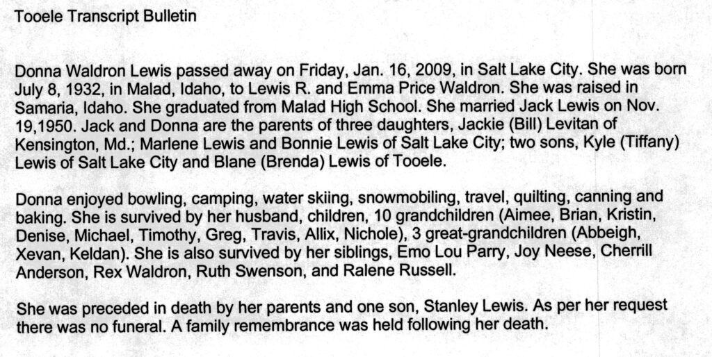 Donna Waldron Lewis obit