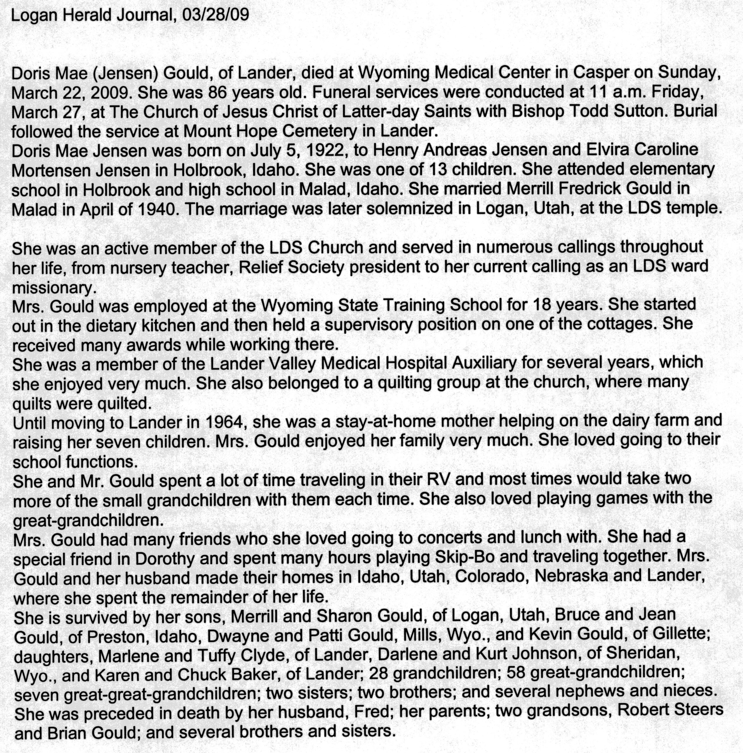 Doris Mae Jensen Gould obit