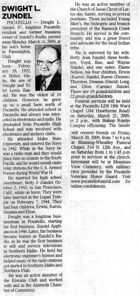 Dwight L Zundel obit