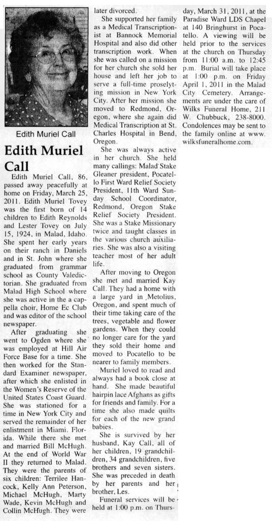 Edith Muriel Call obit