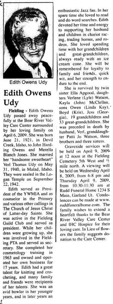 Edith Owens Udy obit