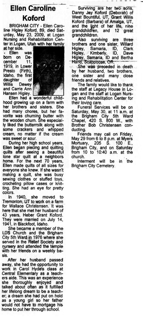 Ellen Caroline Higley Koford obit