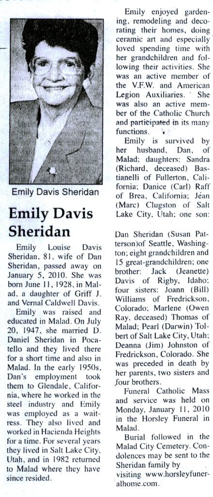 Emily Louise Davis Sheridan obit