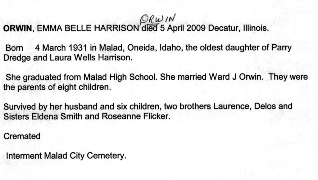 Emma Belle Harrison Orwin obit