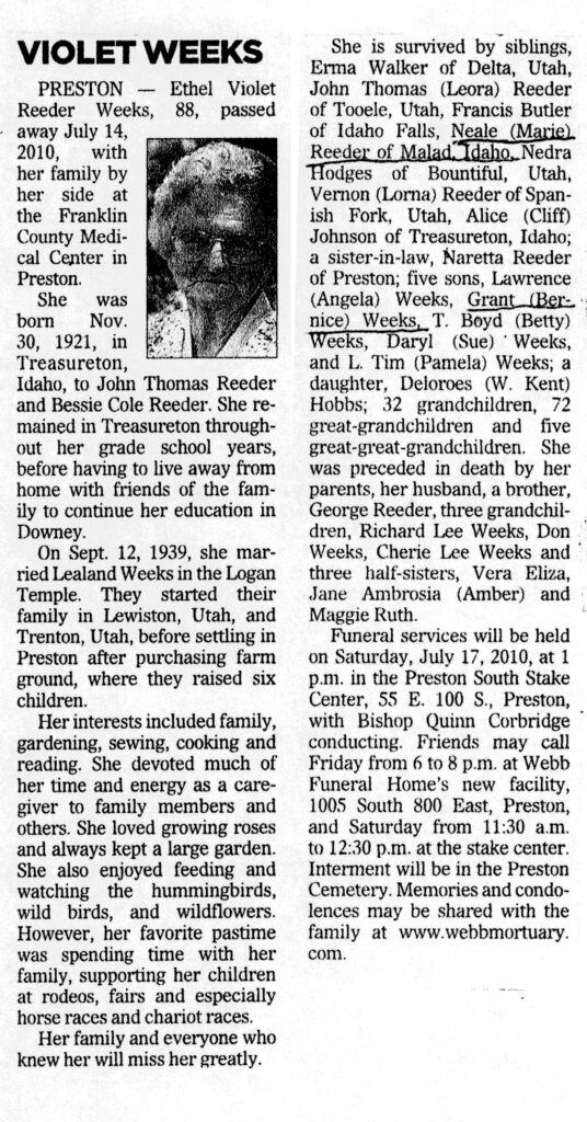 Ethel Violet Reeder Weeks obit