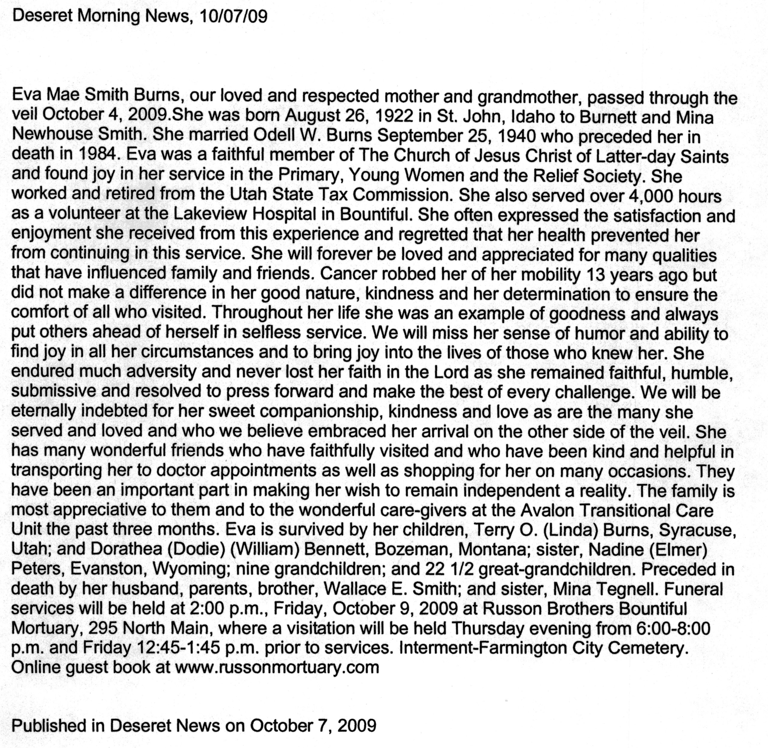 Eva Mae Smith Burns obit
