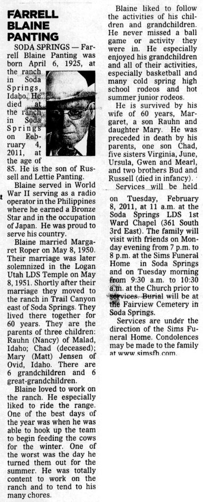 Farrell Blaine Panting obit