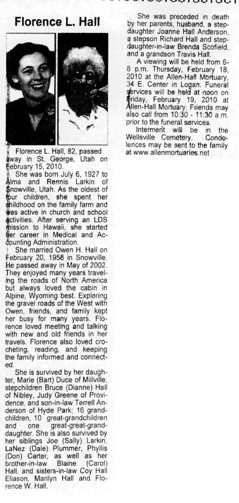 Florence L Hall obit