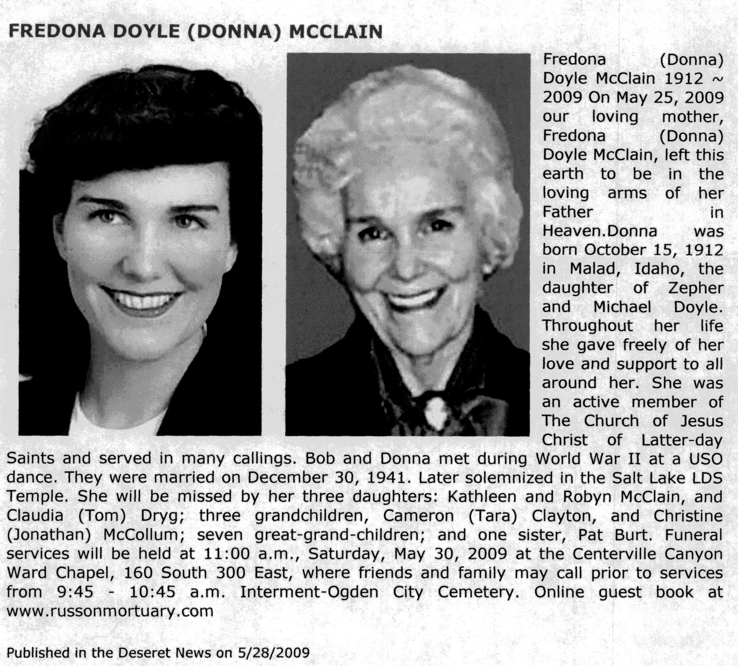 Fredona Doyle (Donna) McClain obit
